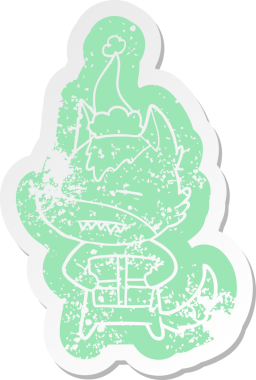 Bir insan tarafından çizilmiş Noel Baba şapkası takan bir kurdun garip bir karikatürü.