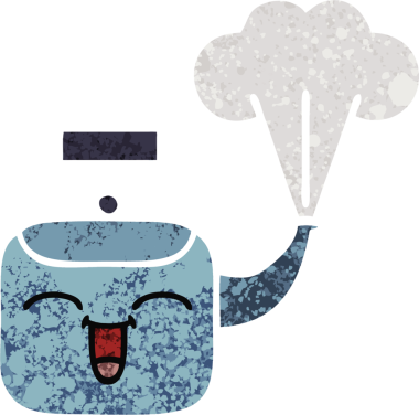 Bir insan tarafından çizilen dumanı tüten bir çaydanlığın retro çizim tarzı karikatürü