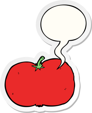 Bir insan tarafından çizilmiş konuşma kabarcığı çıkartmalı domates çizgi filmi.