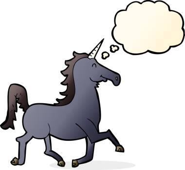 Bir insan tarafından çizilmiş düşünce baloncuklu tek boynuzlu at.