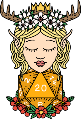 Retro Dövme Tarzı Elf Karakteri Nautral 20 zar bir insan tarafından çizilmiş