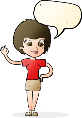 Bir insan tarafından çizilmiş bir konuşma balonuyla el sallayan çizgi film kadını.