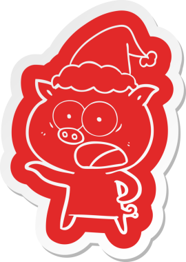 Bir insan tarafından çizilmiş Noel Baba şapkasıyla bağıran bir domuzun garip çizgi film etiketi.