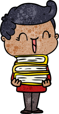 Bir insan tarafından çizilmiş kitapları taşıyan gülen çocuk.