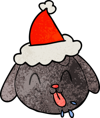 Bir insan tarafından çizilmiş Noel Baba şapkası takan köpek suratlı bir karikatür.