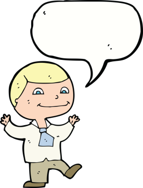 Bir insan tarafından çizilmiş konuşma balonu olan mutlu bir çocuk.