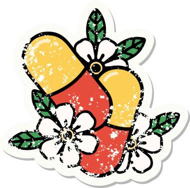 Geleneksel hap ve çiçek stili bir insan tarafından çizilmiş sıkıntılı etiket dövmesi