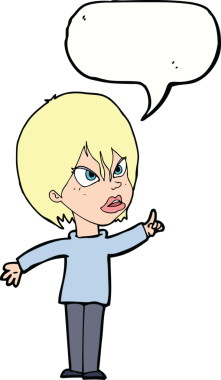 Bir insan tarafından çizilen konuşma baloncuğuyla tartışan çizgi film kadını.