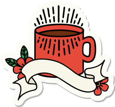 Bir insan tarafından çizilmiş bir fincan kahve sancağıyla dövme stili çıkartması.