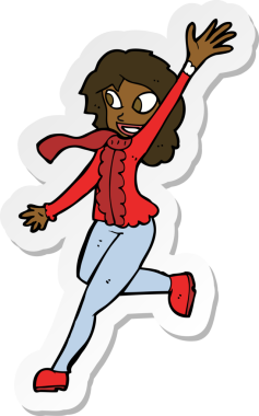 Kış için el sallayan bir karikatür kadının çıkartması. Bir insan tarafından çizilmiş.