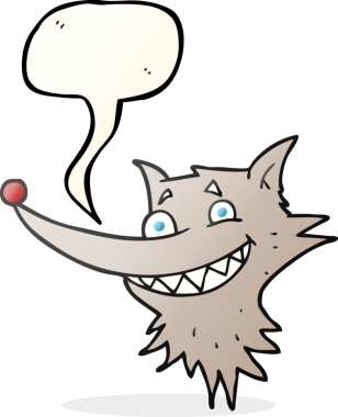 Bir insan tarafından çizilmiş serbest konuşma balonu çizgi filmi sırıtan kurt yüzü.