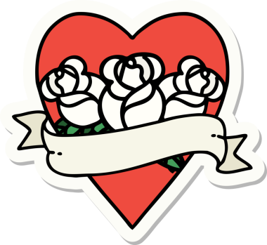 Geleneksel kalp stili dövme çıkartması ve bir insan tarafından çizilmiş çiçekli pankart.