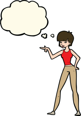 Bir insan tarafından çizilmiş düşünce balonuyla işaret eden çizgi film kadını.