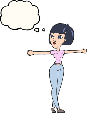 Düşünce baloncuğu çizen kadın bir insan tarafından çekilen kolları açıyor.