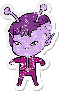 Bir insan tarafından çizilmiş sevimli uzaylı bir kızın sıkıntılı çıkartması.