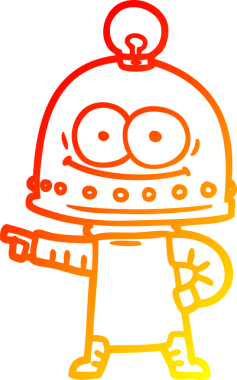 Bir insan tarafından çizilmiş ampullü mutlu bir robot çizimi.