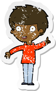 İnsan tarafından çizilmiş bir fikri olan karikatürist bir çocuğun gerilimli retro yapıştırması.