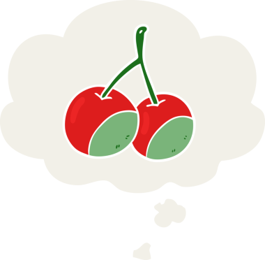 Düşünce baloncuğu olan karikatür kirazları insan tarafından çizilmiş.