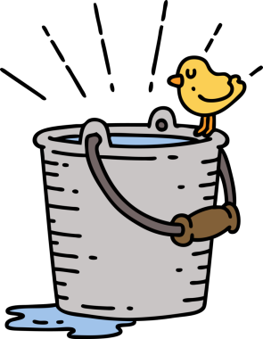 Bir insan tarafından çizilmiş su kovasına tünemiş geleneksel dövme tarzı bir kuşun çizimi