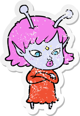 Bir insan tarafından çizilmiş güzel uzaylı bir kızın sıkıntılı çıkartması.