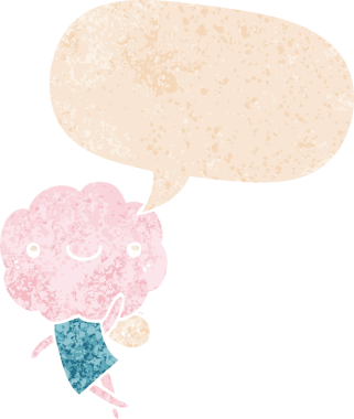 Bir insan tarafından çizilmiş grunge sıkıntılı retro tarzı ile tatlı bulut kafalı yaratık konuşma balonu