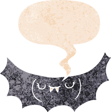 Konuşma baloncuğu olan çizgi vampir yarasa bir insan tarafından çizilmiş dertli retro tarzı
