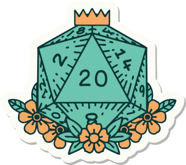 Bir insan tarafından çizilmiş 20 D20 zarının etiketi.