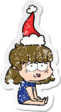 Bir insan tarafından çizilmiş Noel Baba şapkası giymiş yorgun bir kadının el çizimi karikatürü.