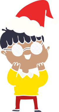 Bir insan tarafından çizilmiş, gözlük takan ve Noel Baba şapkası takan bir çocuğun el resmi.