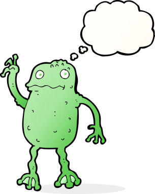 Bir insan tarafından çizilmiş düşünce baloncuklu karikatür kurbağası