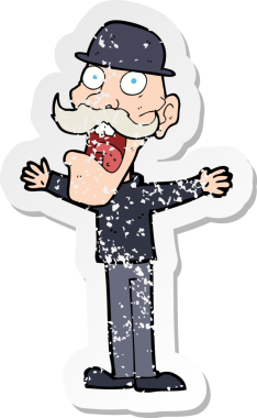 Bir insan tarafından çizilmiş melon şapka giyen bir çizgi film karakterinin gerilimli çıkartması.