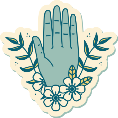 Bir insan tarafından çizilmiş geleneksel el ve çiçek stili dövme çıkartması.