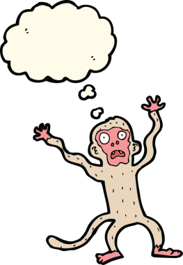 Bir insan tarafından çizilmiş düşünce balonlu korkmuş maymun çizgi filmi.