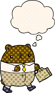 İş kıyafetleri içinde çizgi roman tarzında bir insan tarafından çizilmiş düşünce balonu olan çizgi film ayısı.