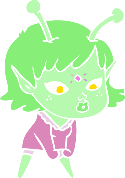 Bir insan tarafından çizilmiş düz renk çizgi film uzaylı kızı.