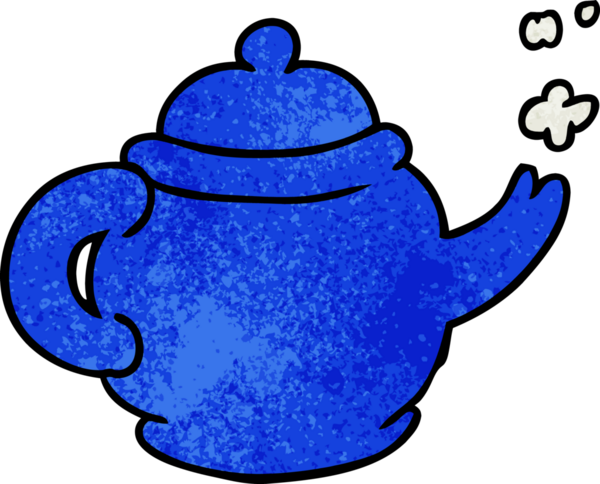Bir insan tarafından çizilmiş mavi çay demliğinin el çizimi karikatürü.