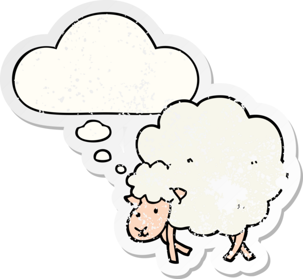 Düşünce baloncuğu olan çizgi film koyunları insan tarafından çizilmiş yıpranmış bir çıkartma gibi.