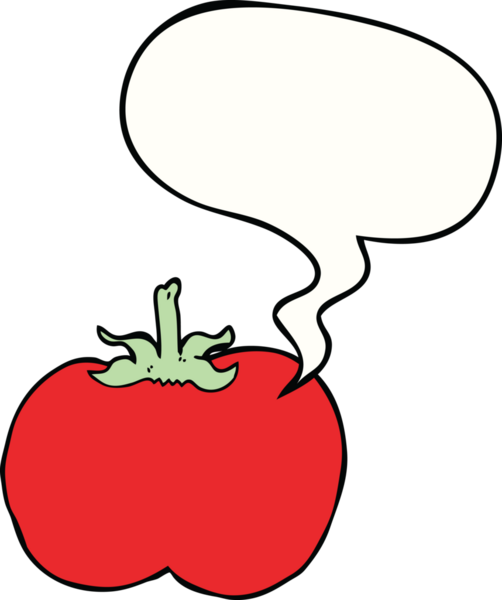 Bir insan tarafından çizilmiş konuşma baloncuklu domates.