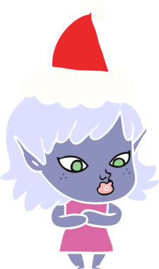 Bir insan tarafından çizilmiş Noel Baba şapkası giyen bir elf kızının güzel düz çizilmiş resmi.