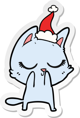 Sakin el çizimi bir insan tarafından çizilmiş Noel Baba şapkası takan bir kedi.