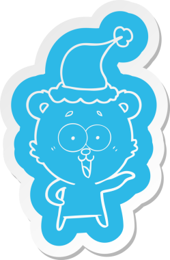 Gülen ayıcık garip çizgi film çıkartması Noel Baba şapkası giyen bir insan tarafından çizilmiş.