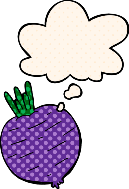 Çizgi roman tarzında bir insan tarafından çizilmiş düşünce kabarcığı olan sebze çizgi filmi.