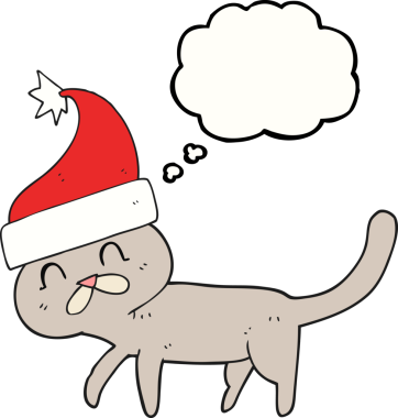 Bir insan tarafından çizilmiş Noel şapkası giyen serbest çizim baloncuk çizgi film kedisi.