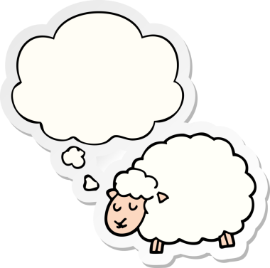 İnsan tarafından çizilmiş bir çıkartma olarak düşünce baloncuğu olan çizgi film koyunu.