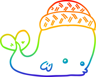 Gökkuşağı gradyan çizgi çizimi bir insan tarafından çizilmiş şapka giyen bir balina