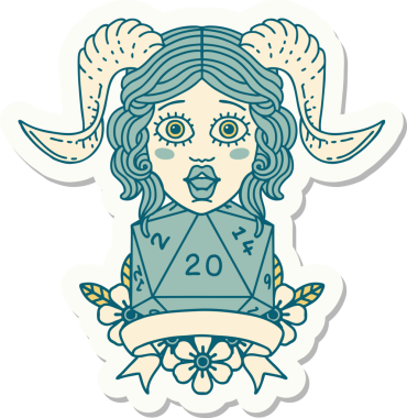 Bir insan tarafından çizilmiş doğal yirmi zarla yapıştırılmış bir etiket.