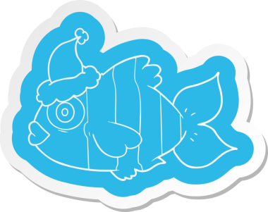 Bir insan tarafından çizilmiş Noel Baba şapkası giyen egzotik bir balığın garip çizgi film etiketi.