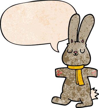 Konuşma baloncuklu çizgi film tavşanı insan tarafından çizilmiş.