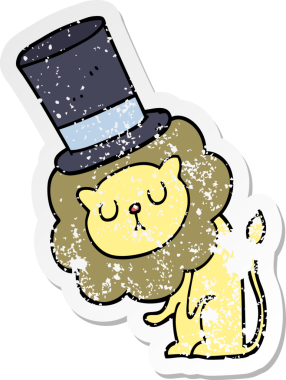 Bir insan tarafından çizilmiş silindir şapkalı şirin bir aslanın sıkıntılı çıkartması.