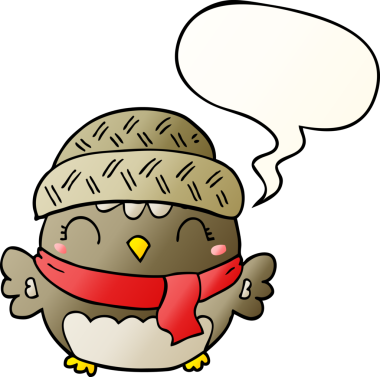 Bir insan tarafından çizilmiş yumuşak eğimli konuşma baloncuğu olan şapkalı sevimli çizgi film baykuşu.